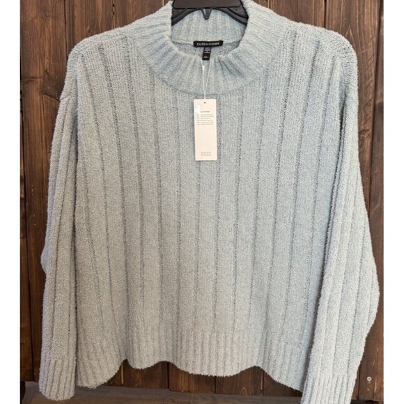 Eileen Fisher LARGE FROST Organic Cotton/Cashmere Fluffy Rib Turtleneck Sweater - Picture 2 of 12
